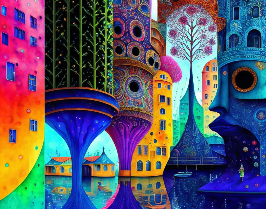 Colorful fantasy painting with psychedelic buildings, trees, and water canal