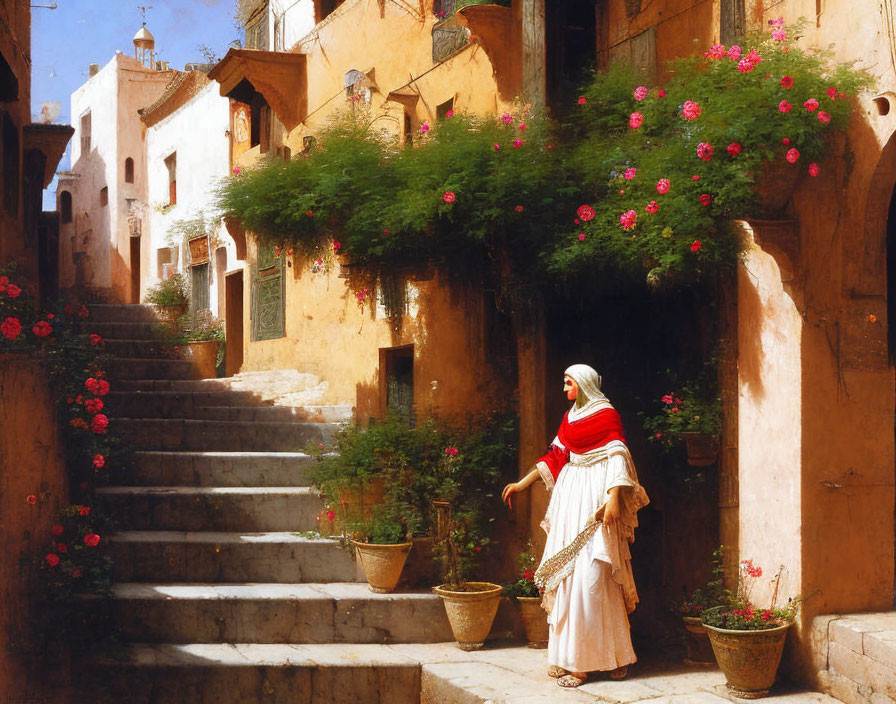 Traditional Attire Woman in Sunlit Mediterranean Alley