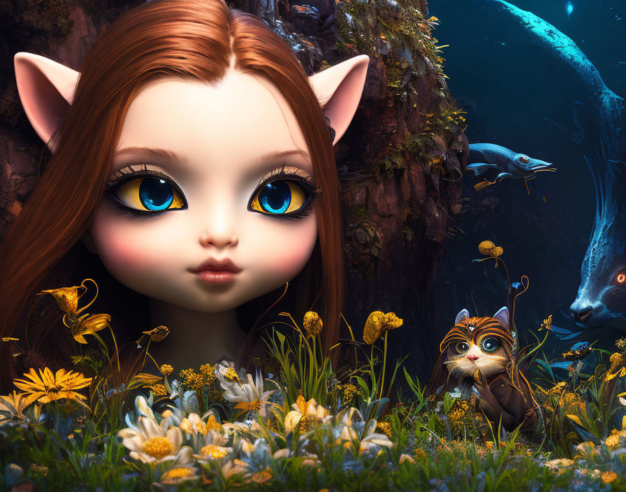 Large-eyed girl with elfin ears in vibrant flower setting with curious creature and surreal underwater backdrop