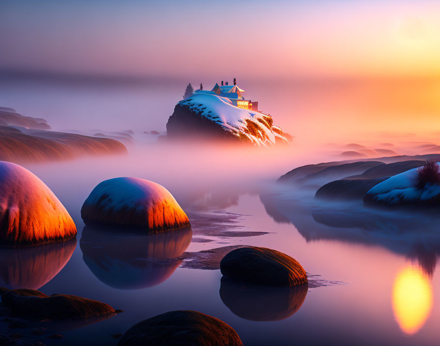 Snow-covered rocks, misty water, and illuminated pagoda in serene sunset landscape