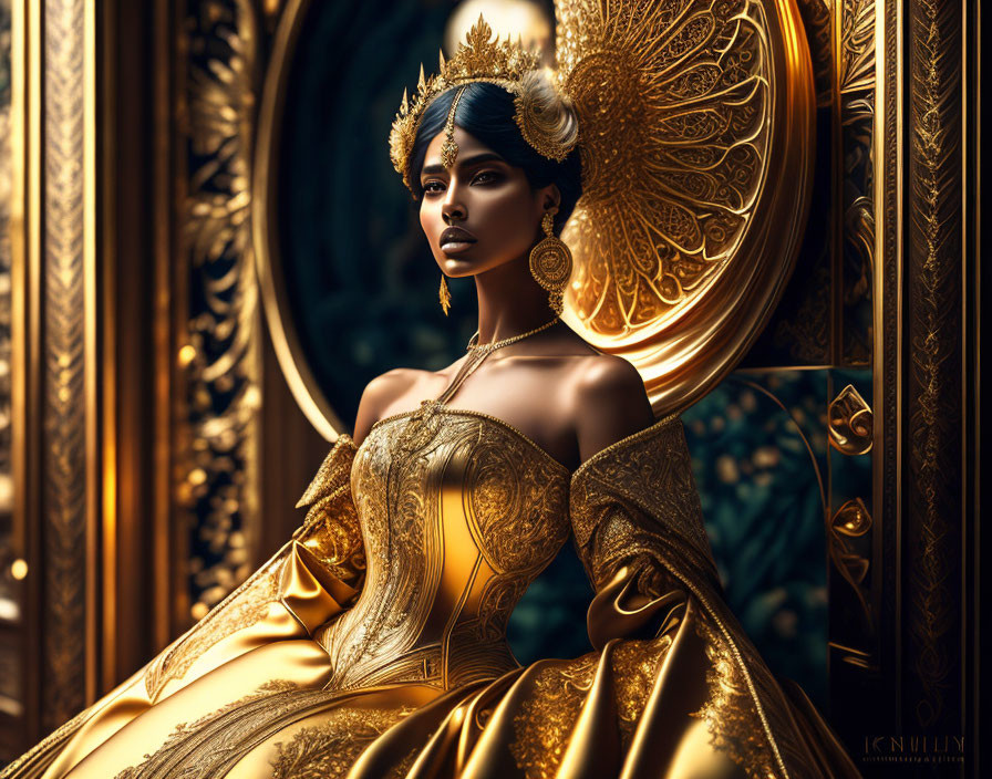 Regal woman in golden gown and ornate headdress exudes elegance and authority