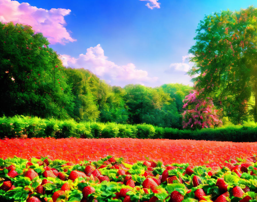 Lush Strawberry Field Under Sunny Sky