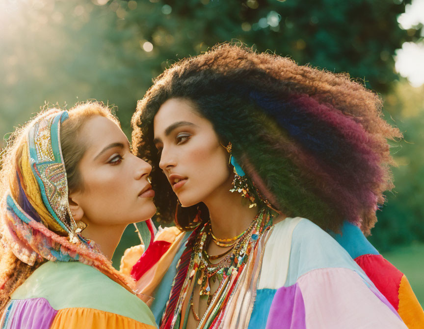 Two women in colorful attire and jewelry against nature backdrop.