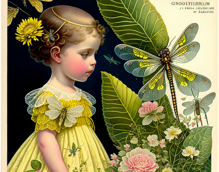 Vintage Illustration: Young Girl in Yellow Dress with Flowers & Dragonflies