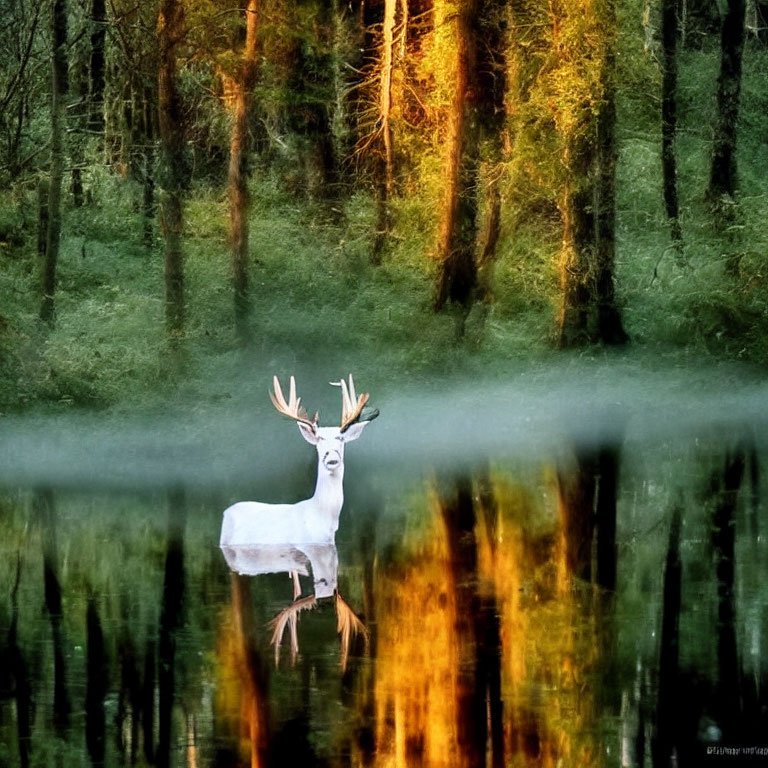 Majestic white deer in serene forest clearing