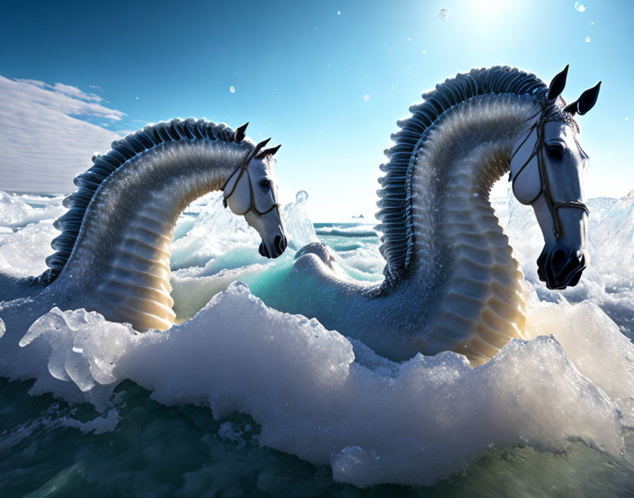 Fantastical seahorse hybrids with horse heads in icy waters