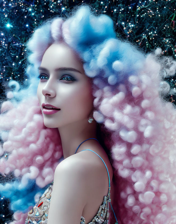 Voluminous Pink and Blue Hair Woman in Striking Makeup and Elegant Attire