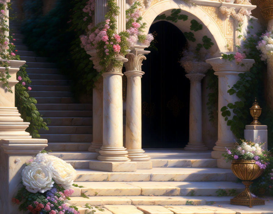 Grand Staircase Flanked by Columns and Flowers under Warm Sunlight