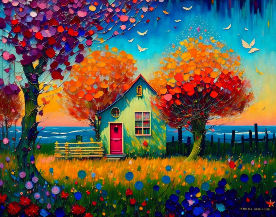 Colorful painting of quaint house with red door, blooming trees, field, birds on blue backdrop