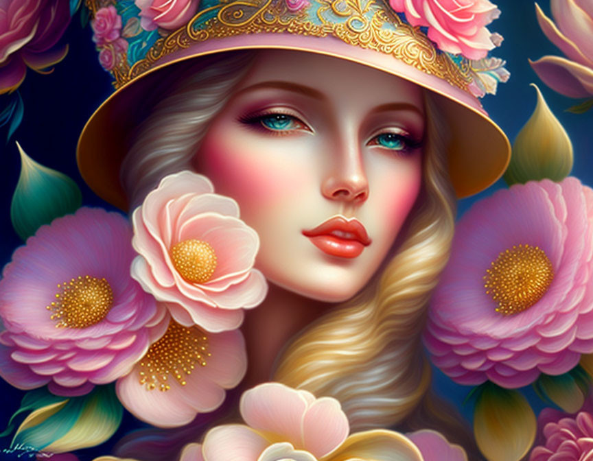 Blonde Woman Portrait with Floral Hat and Pink Blossoms