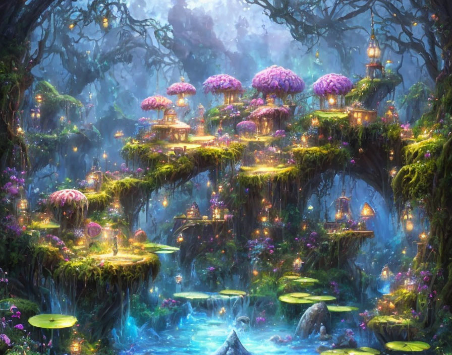 Luminous plants, floating islands, waterfalls in twilight forest