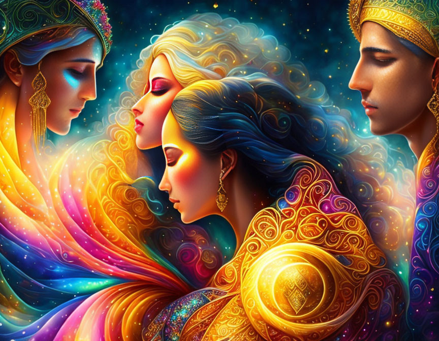 Colorful Artwork: Four Characters in Golden Attire with Cosmic Background