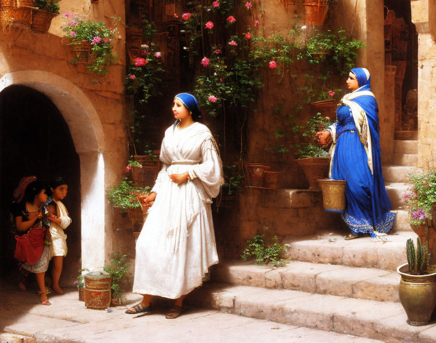 Two women in traditional blue attire on stone stairway with pink flowers