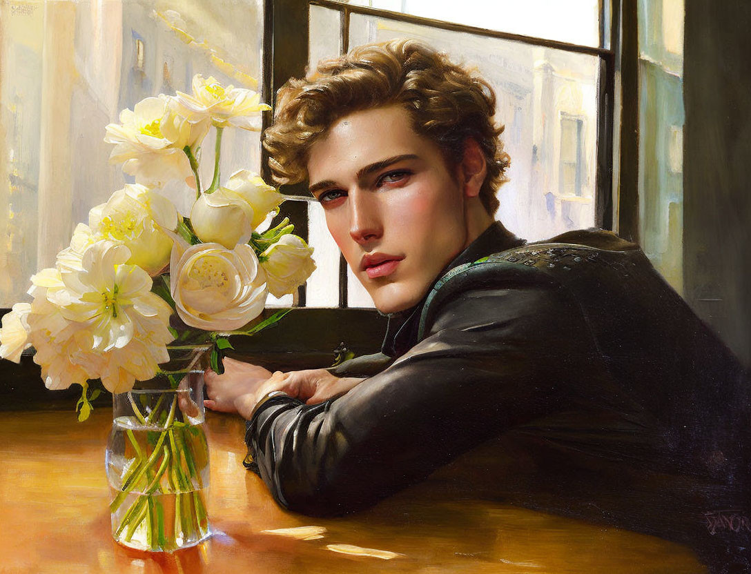 Digital artwork featuring person with wavy hair by table with white flowers and sunlit window