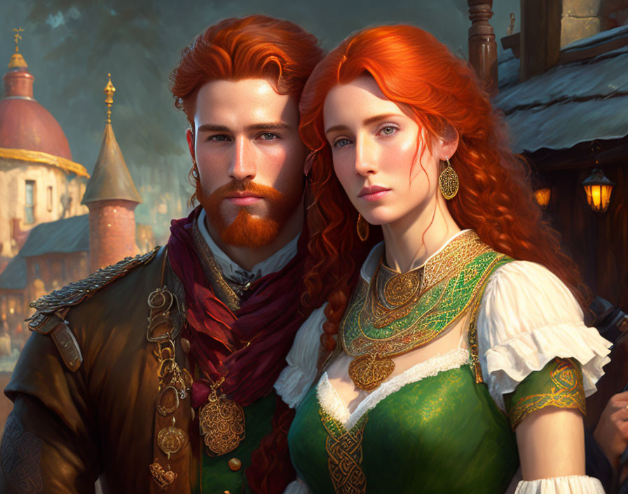 Detailed digital painting of red-haired man and woman in medieval attire against old town backdrop