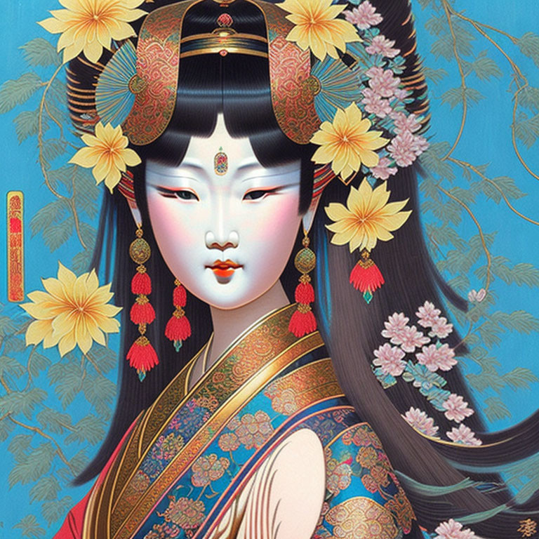 Detailed East Asian Woman Illustration in Traditional Attire