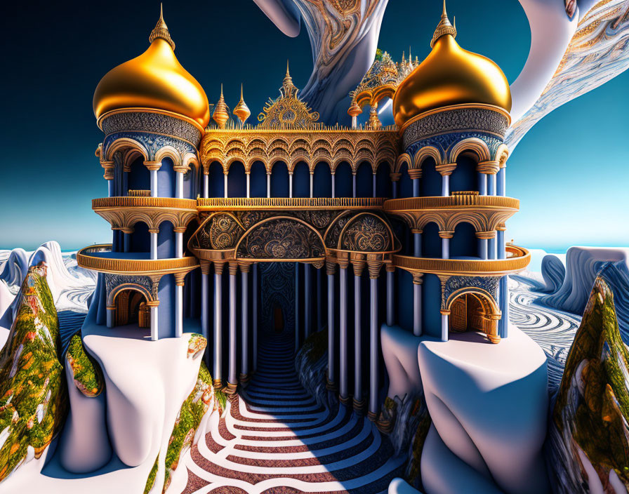 Golden-domed palace in surreal landscape with arches under blue sky