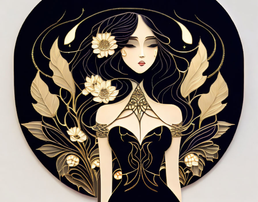 Stylized woman with flowing hair and golden elements on dark circular backdrop