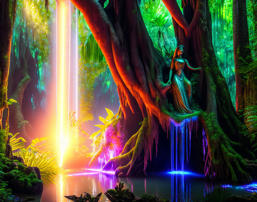 Vibrant mystical forest scene with serene woman, luminescent water, and bright light beam.