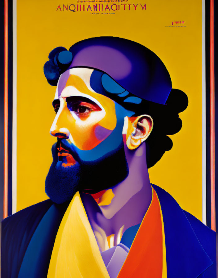 Vibrant portrait of a bearded man with geometric shapes on yellow background