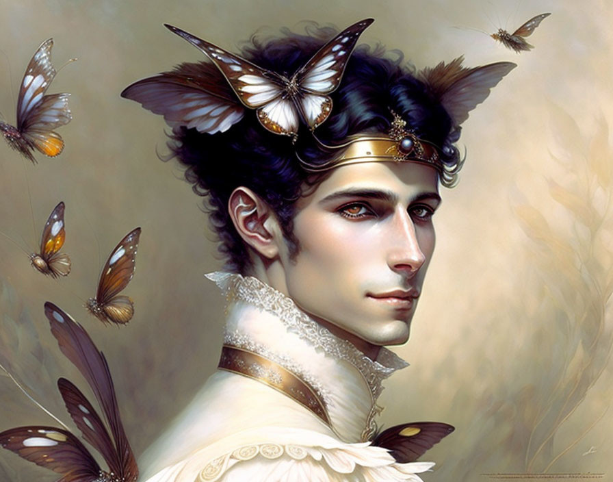 Male fantasy portrait with elfin features, golden circlet, butterflies, dreamy atmosphere