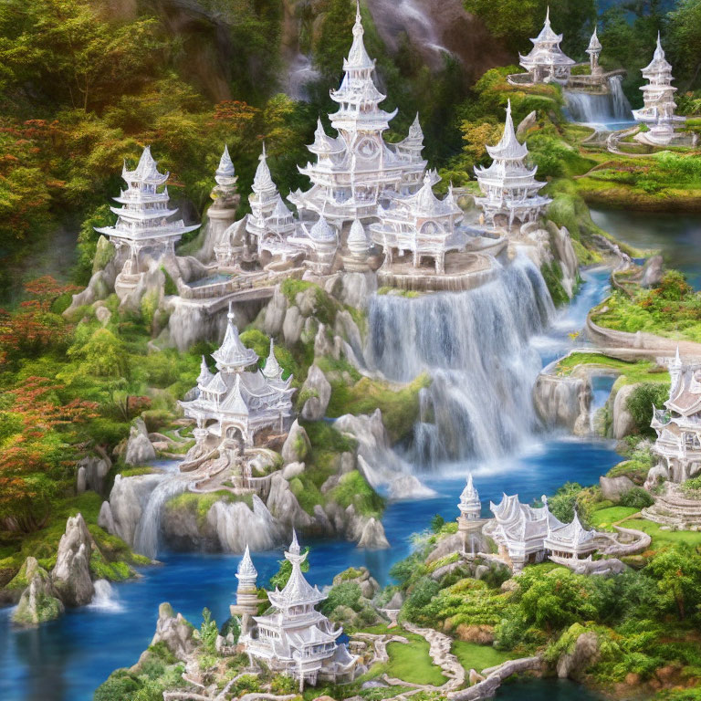 Fantasy landscape with white pagodas, waterfalls, greenery & stones