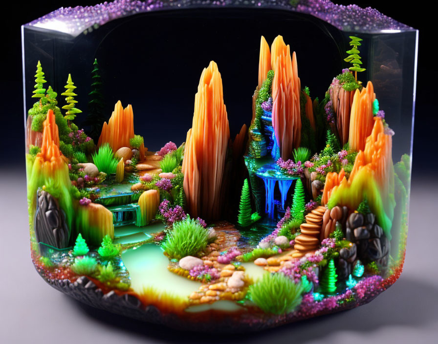 Colorful miniature ecosystem with sculpted geological formations and blue waterfall