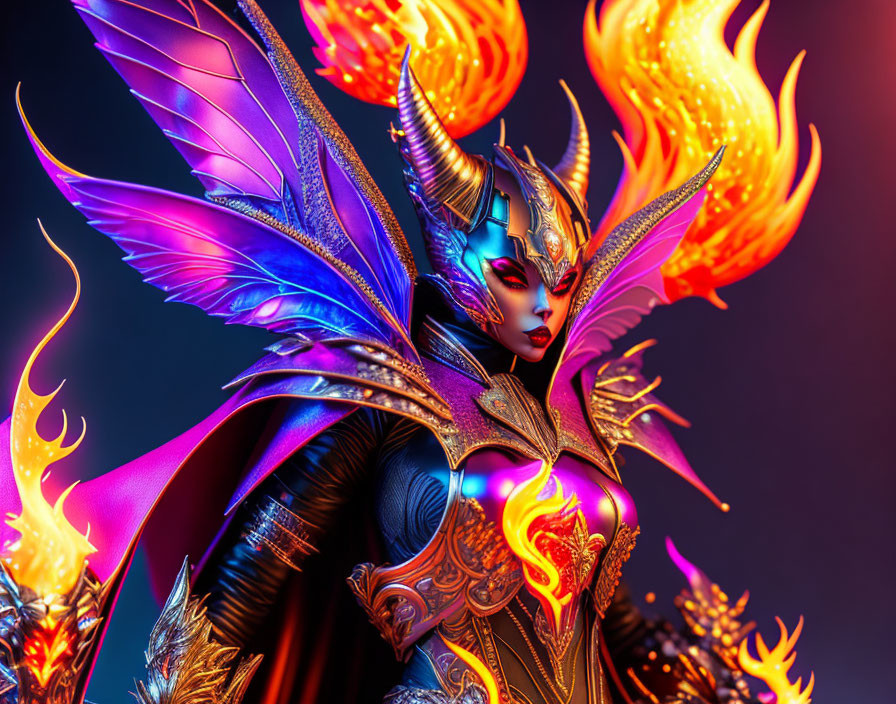 Fantastical female warrior with fiery wings and horned helmet in vibrant armor