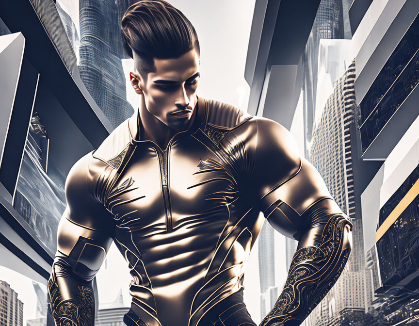 Muscular superhero with slicked-back hair in futuristic cityscape.