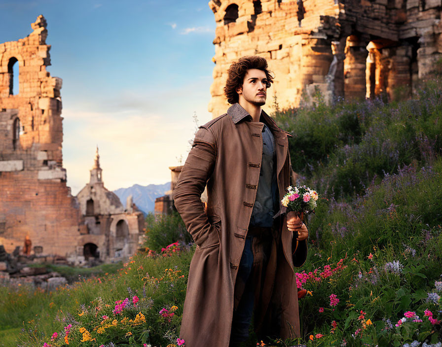 Curly-Haired Man in Long Coat Standing in Flower Field at Sunset