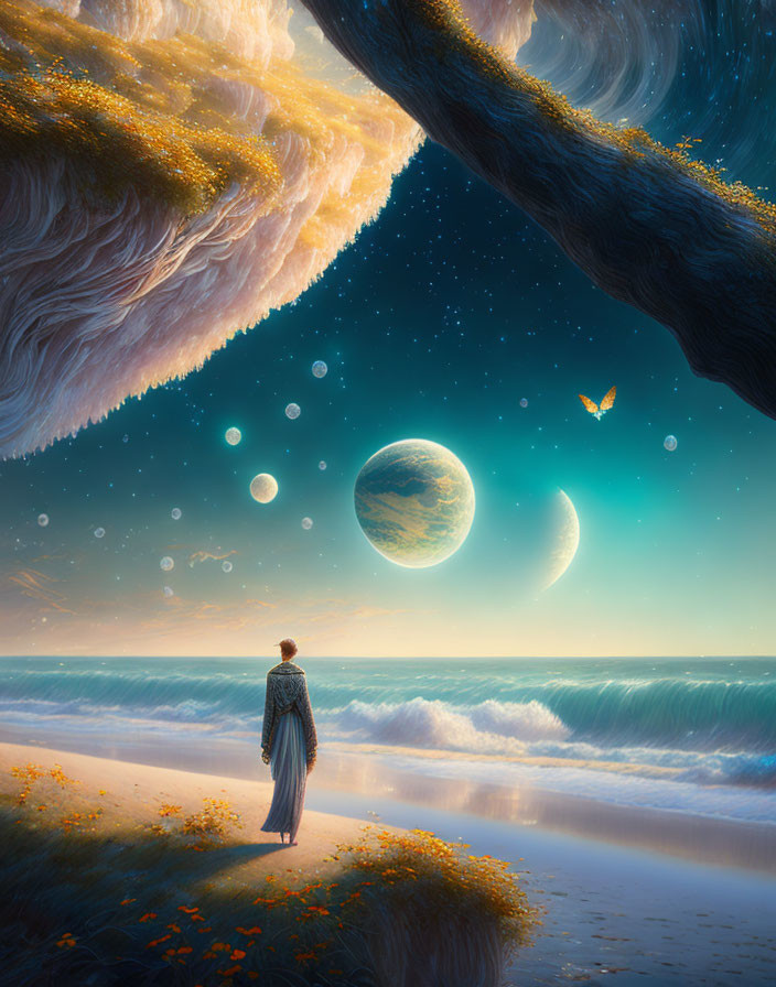 Person on flower-covered shore gazes at surreal sky with two moons, butterfly, and celestial bodies,