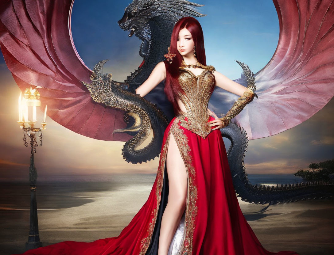 Fantasy-themed woman in dragon costume against twilight sky with street lamp