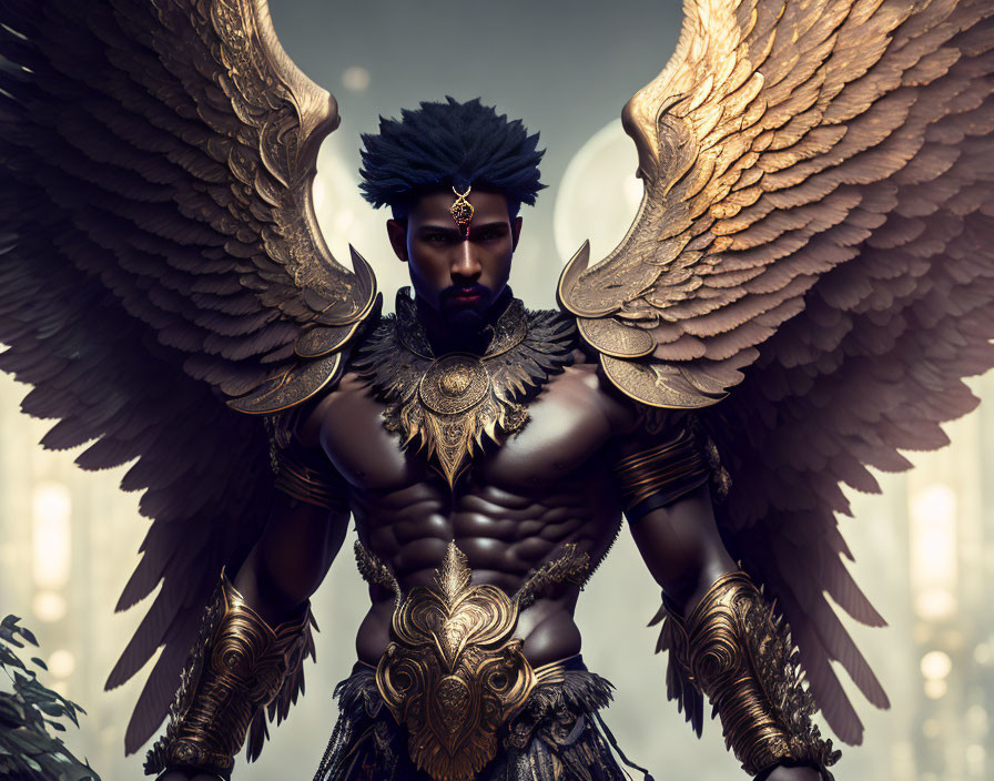 Majestic figure in golden armor with large wings in misty backdrop