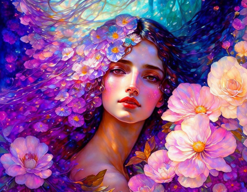 Colorful portrait of a woman with floral hair in purple and pink tones