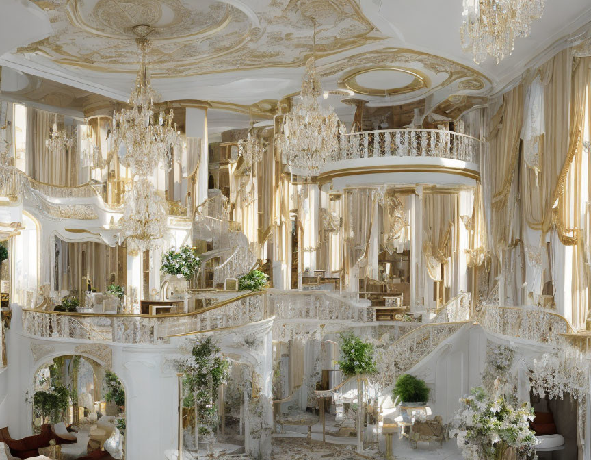 Luxurious Room with Grand Staircases and Gold Detailing