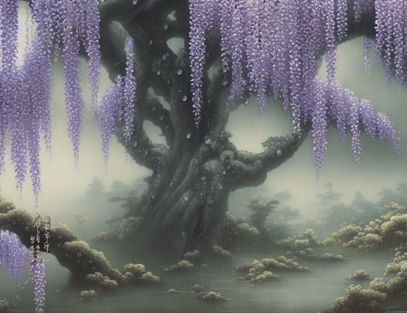 Ancient tree with cascading purple wisteria blooms over tranquil misty pond