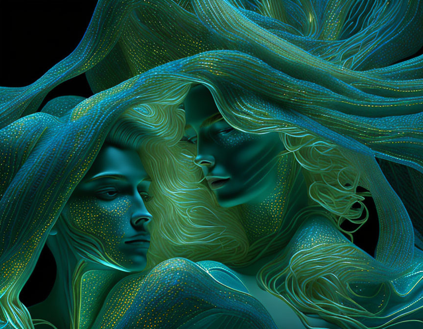 Stylized luminescent faces with flowing hair in intricate pattern