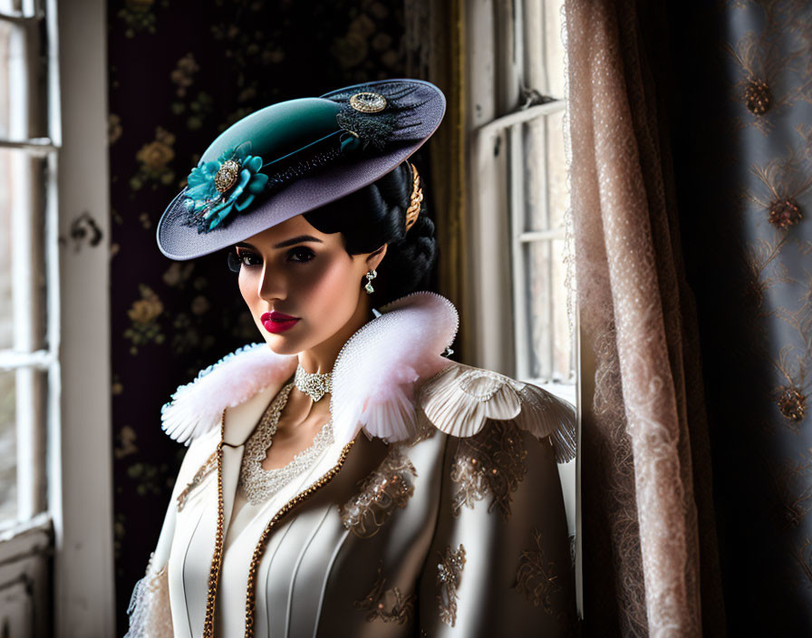 Vintage Attire Woman in Teal Hat and Fur Collar Gazes Out Window