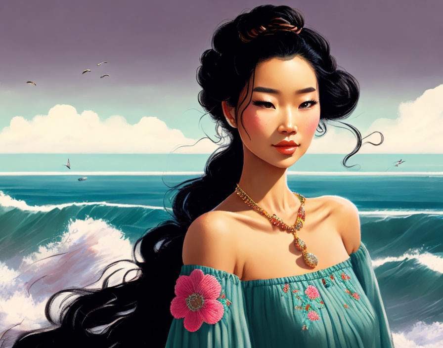 Illustrated woman with flower in hair by ocean waves and birds under cloudy sky