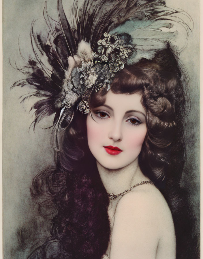 Vintage portrait: Woman with feathered hat, red lips, delicate necklace