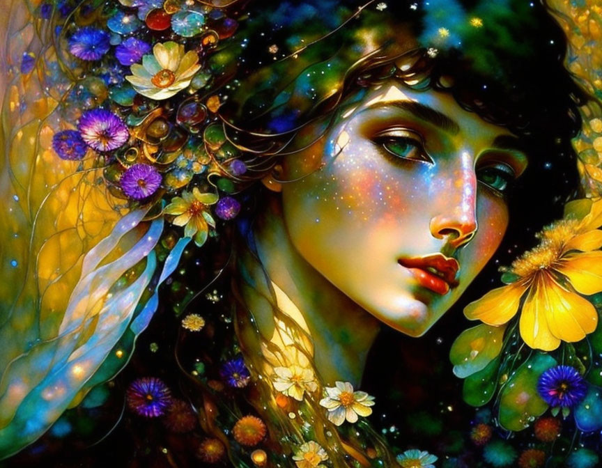 Colorful digital art: Woman with floral hair, starry skin, dreamy backdrop