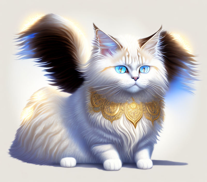 Illustration of white cat with blue eyes, wings, and golden collar