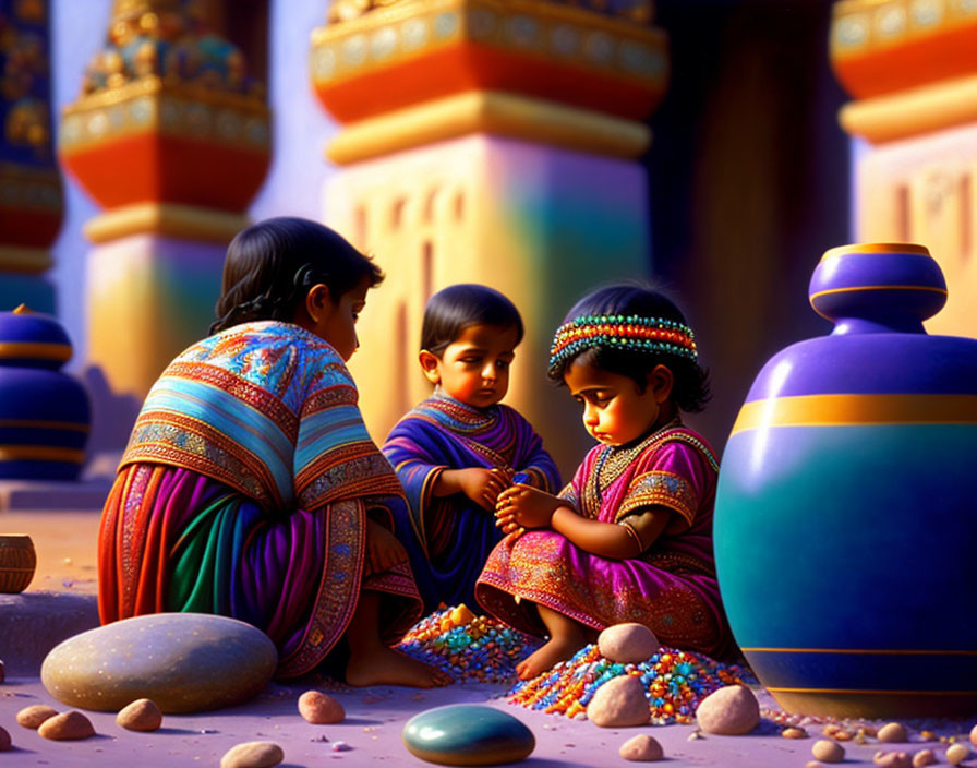 Three children in traditional attire playing with marbles near earthen pots and stone pebbles, orn