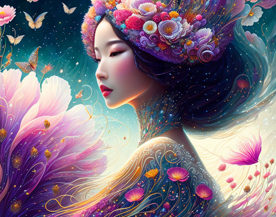 Vibrant illustration of woman with floral headdress and butterfly-adorned gown