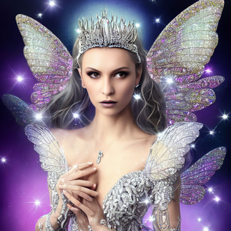 Fantastical image: Woman with fairy wings and silver crown in starry setting