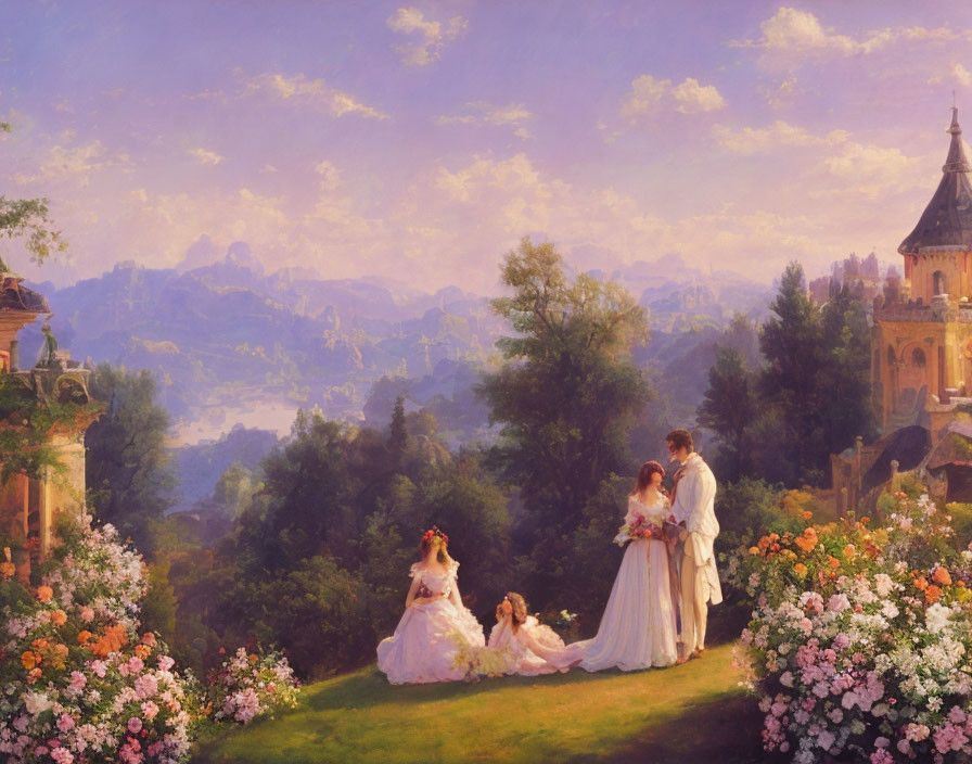 Wedding party painting with couple, flower girls, castle, and lush landscape