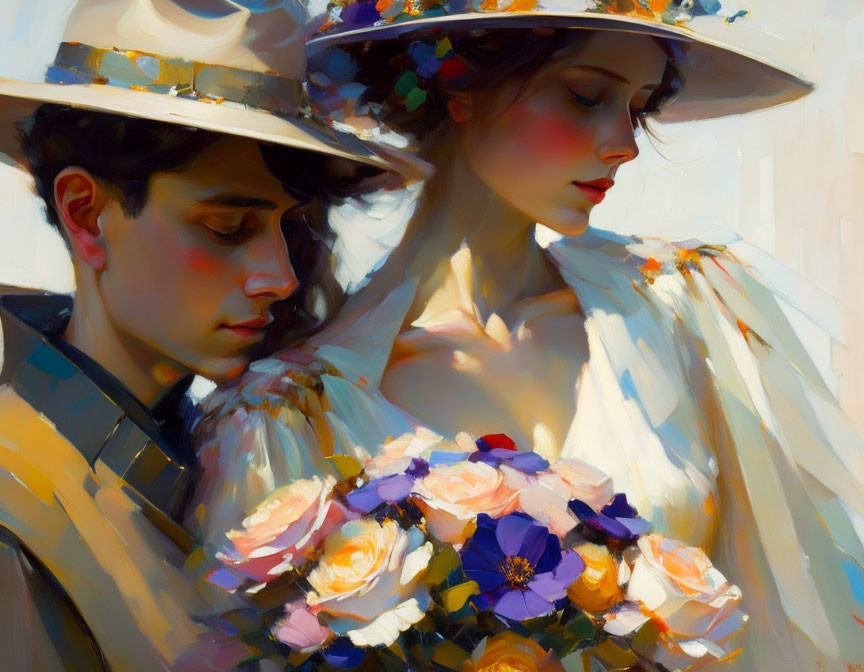 Man and woman in elegant attire with hats, woman holding bouquet.