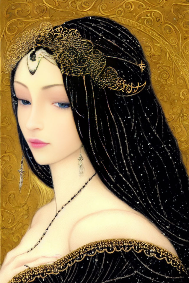 Illustration of woman with pale skin, long black hair, golden headpiece, earrings, on gold