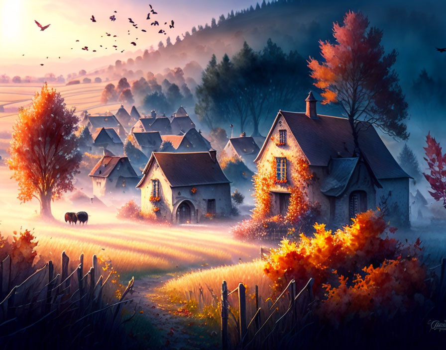 Picturesque village scene at dawn with stone cottages, autumn trees, horses, and birds in flight