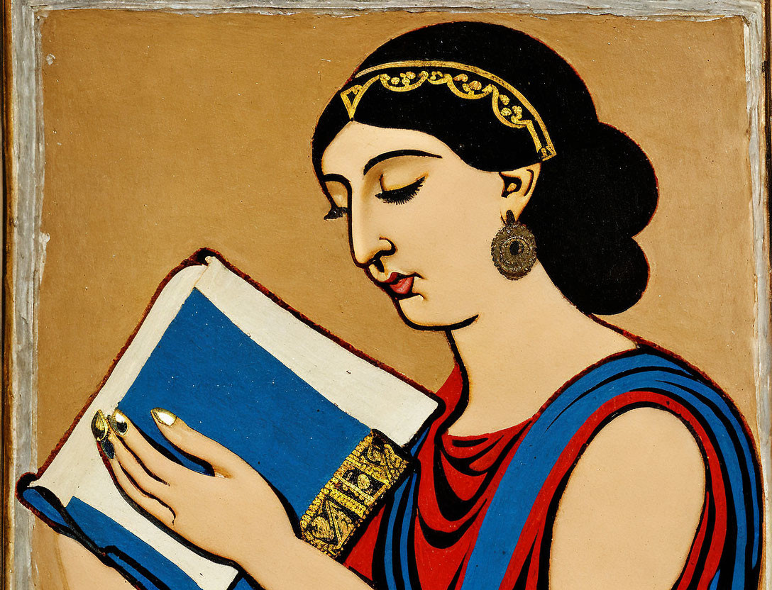 Traditional Painting: Woman in Headband and Earrings Reading Book